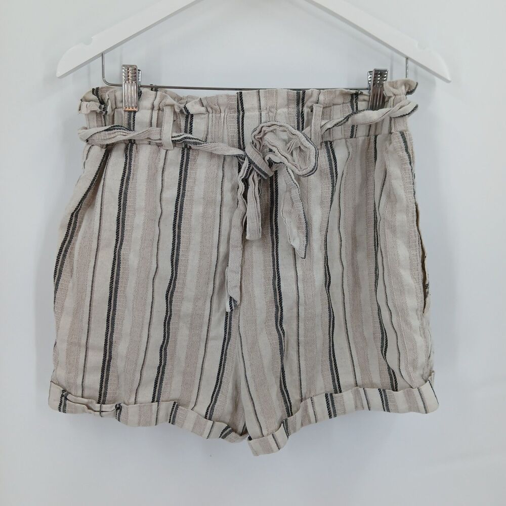 Misred Womens Beige Striped High Waist Tie Front Shorts Size large
